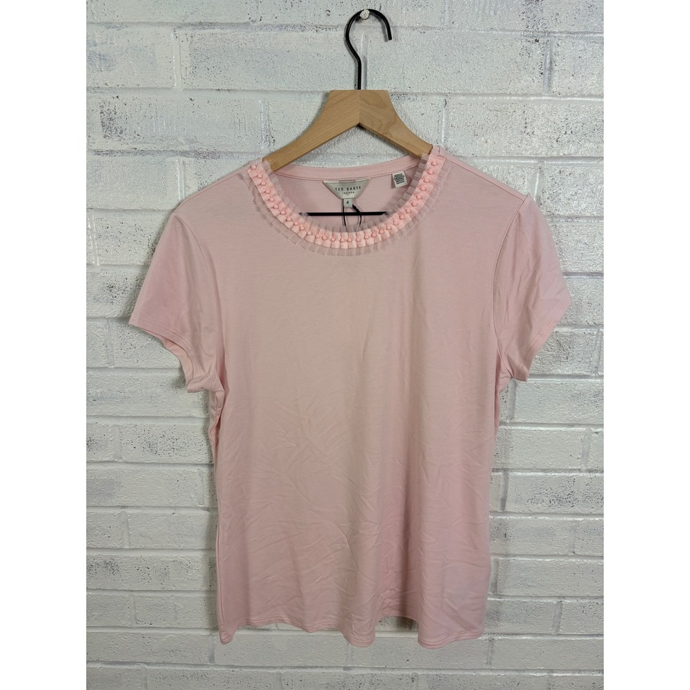 Ted Baker Jacii Neck Detail Fitted Tee Womens 4 US 10 Nude Pink Embellished